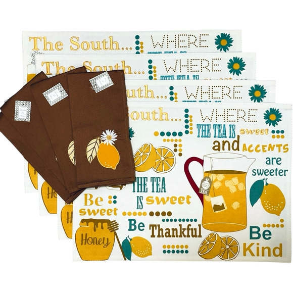 Set of 4 Placemats and Napkins Simply Southern Set SWEET TEA Lemons and Daisies - Picture 11 of 15